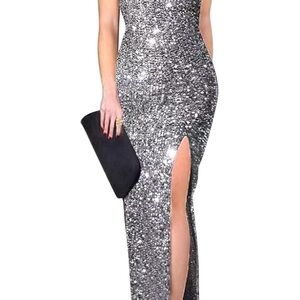 Elegant Silver Sequin Evening Gown